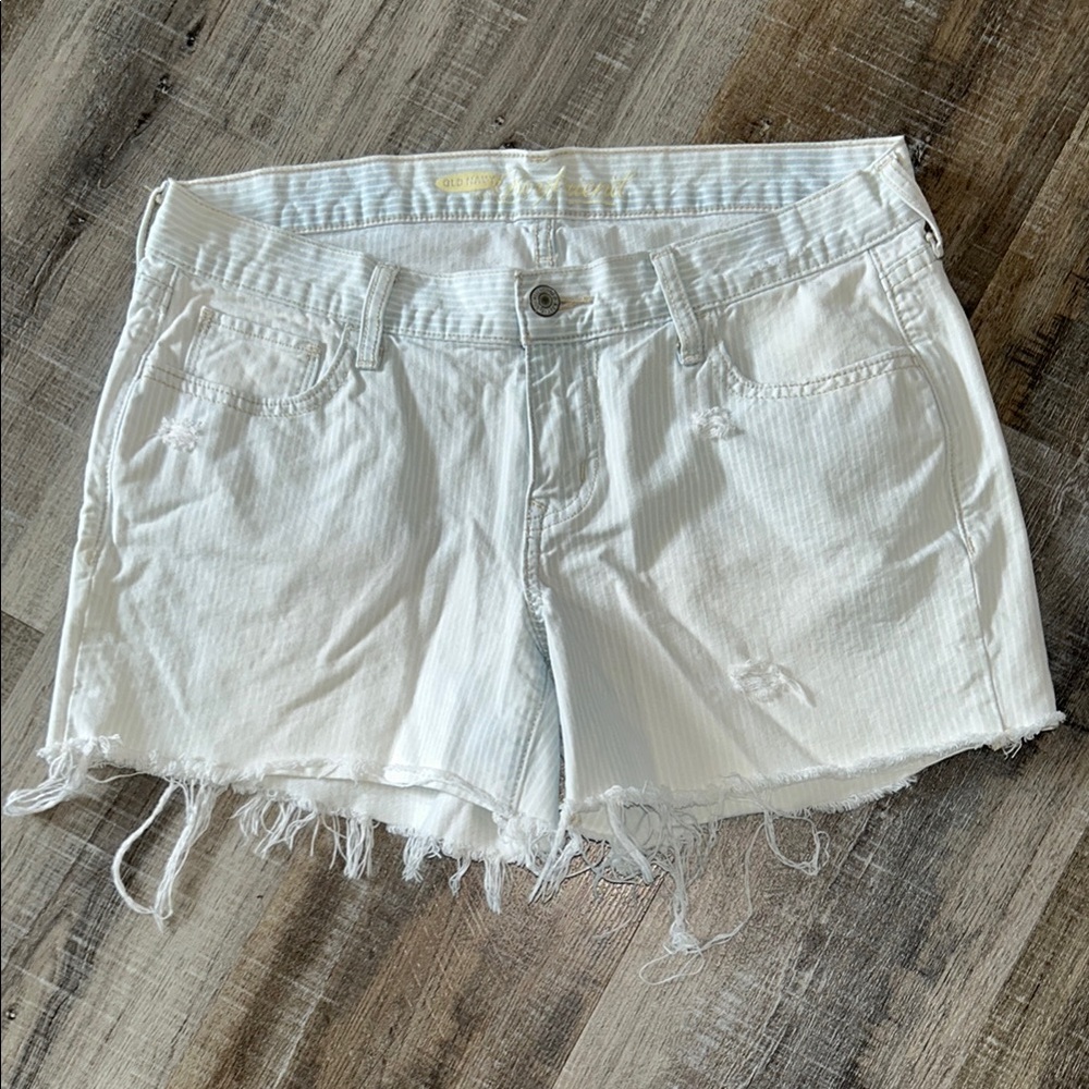 Blue and White Railroad Striped and Distressed Denim Shorts